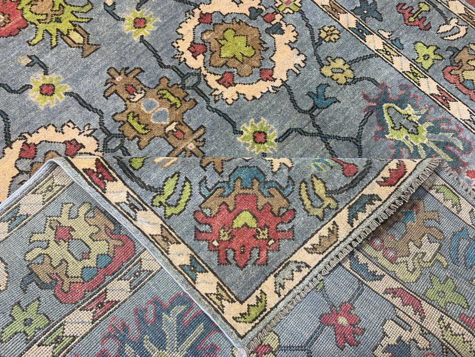 4'10" × 6'8" Hand-Knotted Ziegler Wool Rug – Soft Blue with Multicolor Floral Motifs