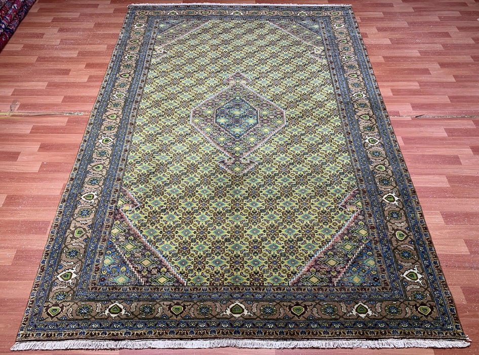 6’6” × 9’4” Hand-Knotted Wool Rug – Olive Green with Blue & Taupe Accents