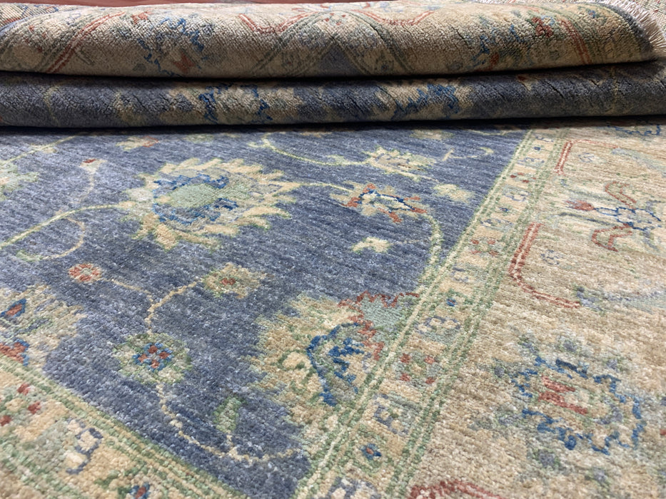 5'2" × 6'7" Hand-Knotted Ziegler Wool Rug – Slate Blue with Beige Floral Border