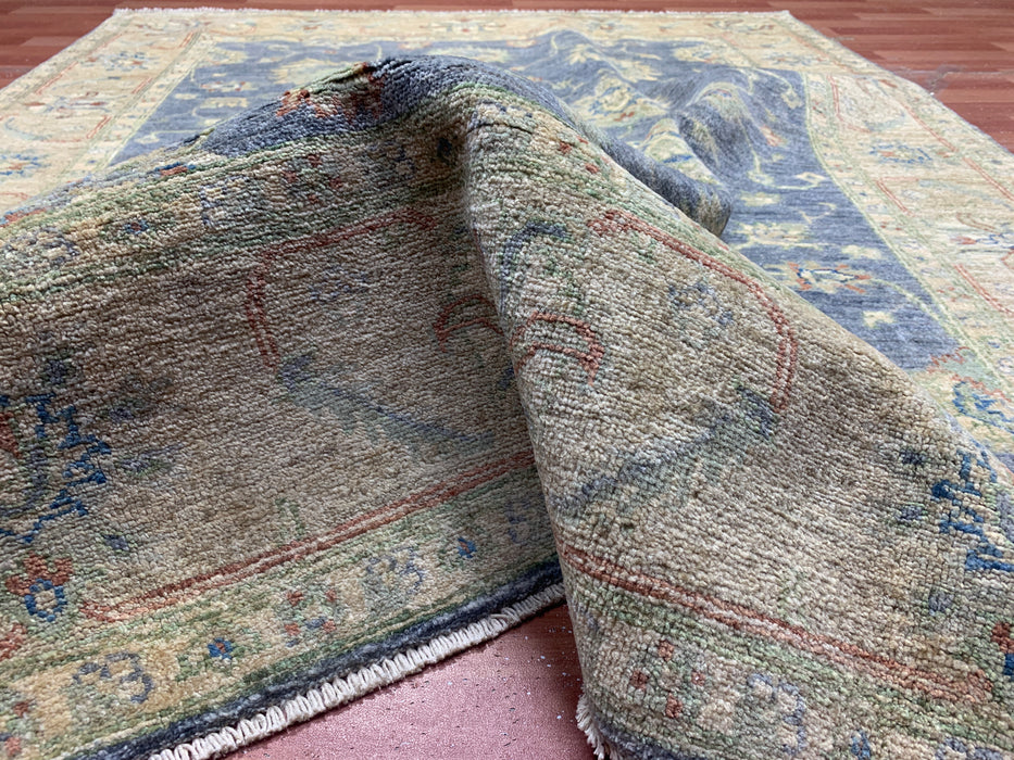 5'2" × 6'7" Hand-Knotted Ziegler Wool Rug – Slate Blue with Beige Floral Border