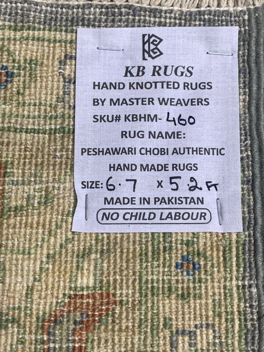 5'2" × 6'7" Hand-Knotted Ziegler Wool Rug – Slate Blue with Beige Floral Border