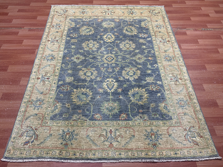 5'2" × 6'7" Hand-Knotted Ziegler Wool Rug – Slate Blue with Beige Floral Border