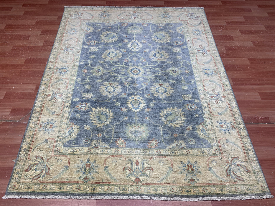 5'2" × 6'7" Hand-Knotted Ziegler Wool Rug – Slate Blue with Beige Floral Border