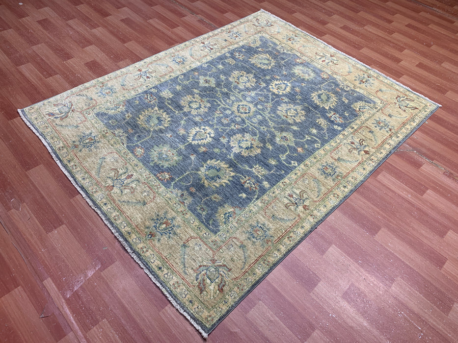 5'2" × 6'7" Hand-Knotted Ziegler Wool Rug – Slate Blue with Beige Floral Border
