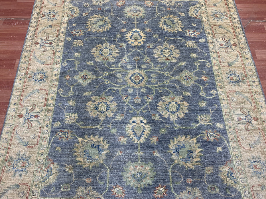 5'2" × 6'7" Hand-Knotted Ziegler Wool Rug – Slate Blue with Beige Floral Border