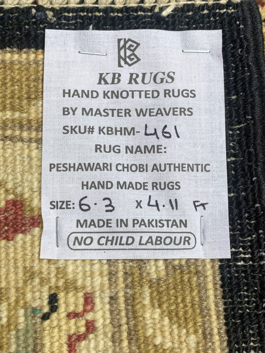 4'11" × 6'3" Hand-Knotted Ziegler Wool Rug – Black with Ivory Floral Border