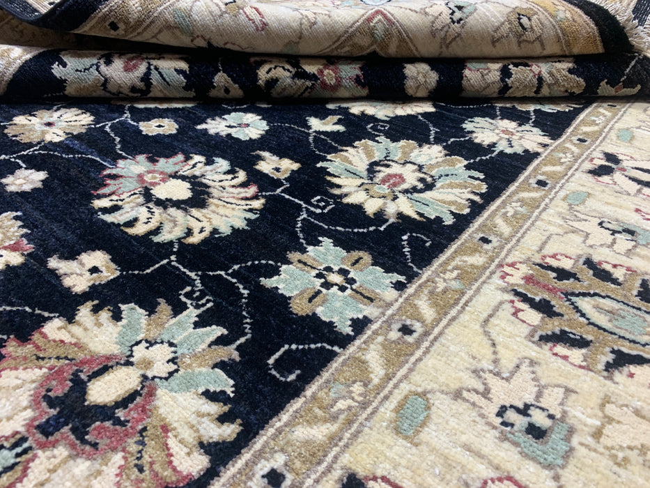 4'11" × 6'3" Hand-Knotted Ziegler Wool Rug – Black with Ivory Floral Border