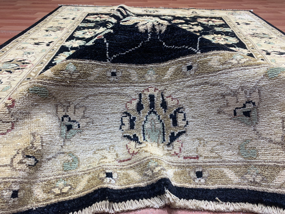 4'11" × 6'3" Hand-Knotted Ziegler Wool Rug – Black with Ivory Floral Border