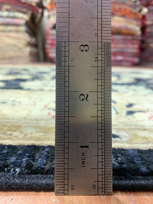 4'11" × 6'3" Hand-Knotted Ziegler Wool Rug – Black with Ivory Floral Border