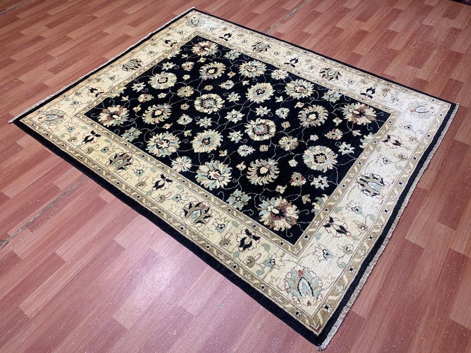 4'11" × 6'3" Hand-Knotted Ziegler Wool Rug – Black with Ivory Floral Border