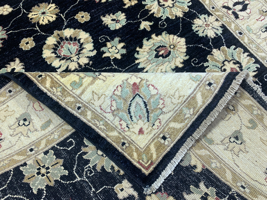 4'11" × 6'3" Hand-Knotted Ziegler Wool Rug – Black with Ivory Floral Border