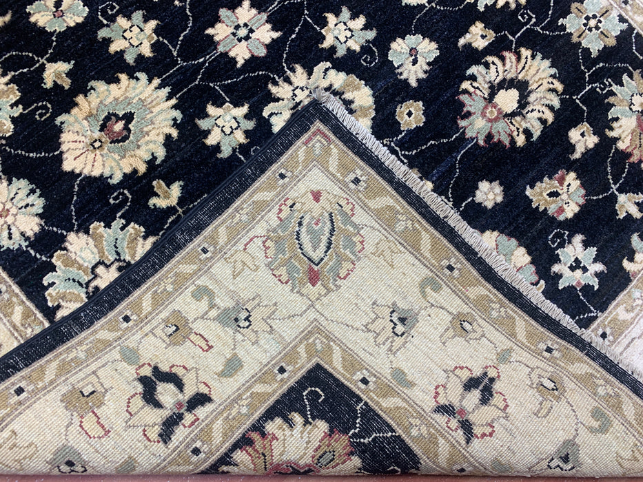 4'11" × 6'3" Hand-Knotted Ziegler Wool Rug – Black with Ivory Floral Border