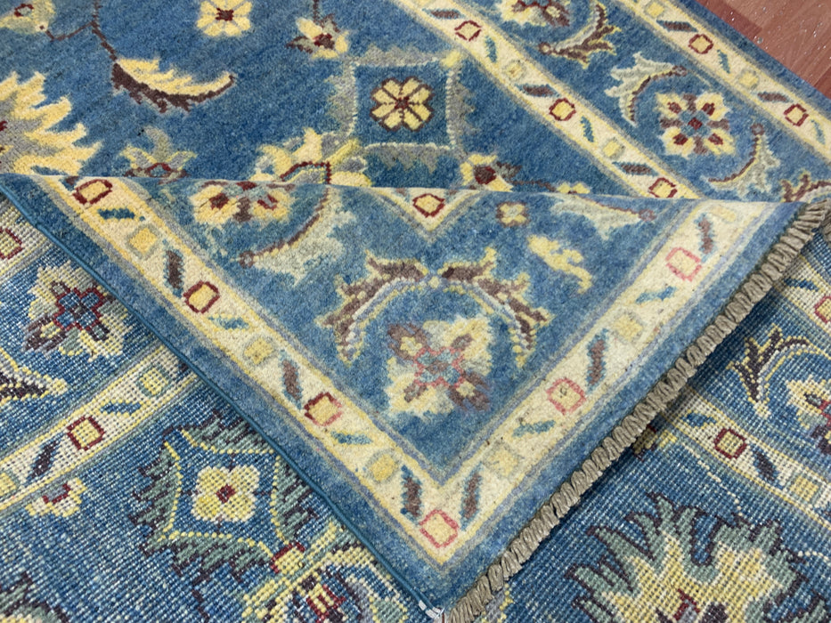 4'0" × 5'11" Hand-Knotted Ziegler Wool Rug – Teal Blue with Golden Floral Border