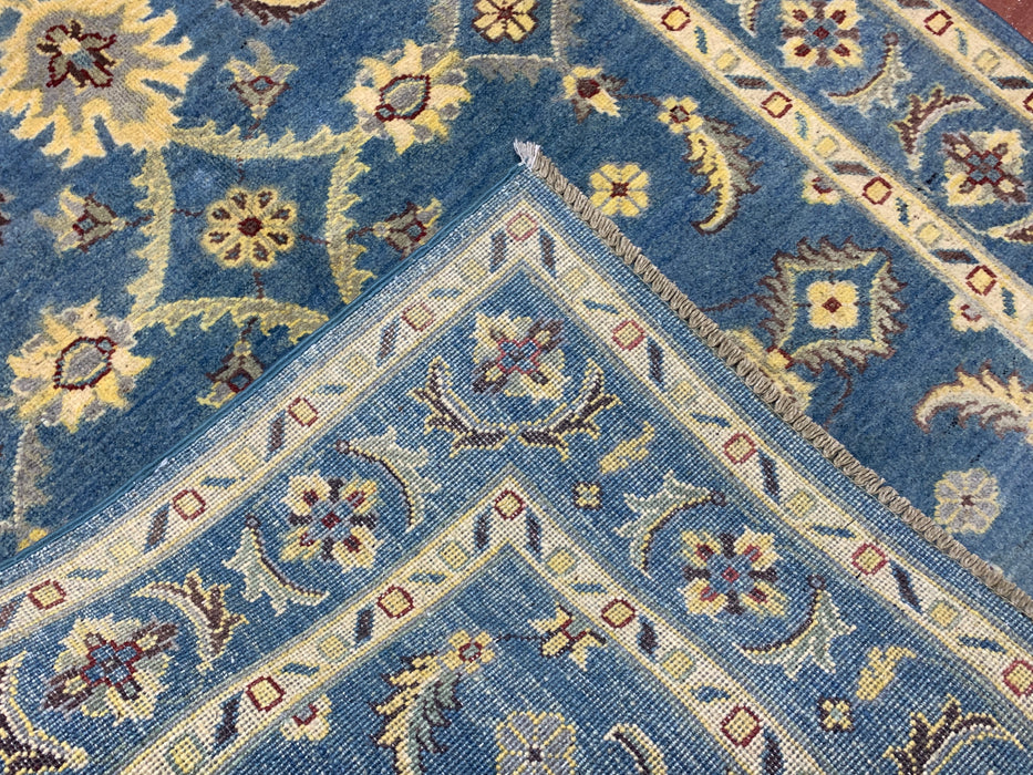 4'0" × 5'11" Hand-Knotted Ziegler Wool Rug – Teal Blue with Golden Floral Border