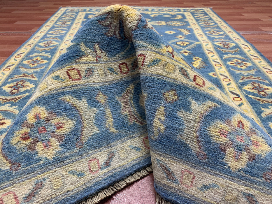 4'0" × 5'11" Hand-Knotted Ziegler Wool Rug – Teal Blue with Golden Floral Border