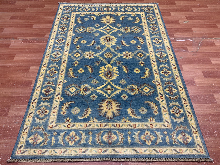 4'0" × 5'11" Hand-Knotted Ziegler Wool Rug – Teal Blue with Golden Floral Border