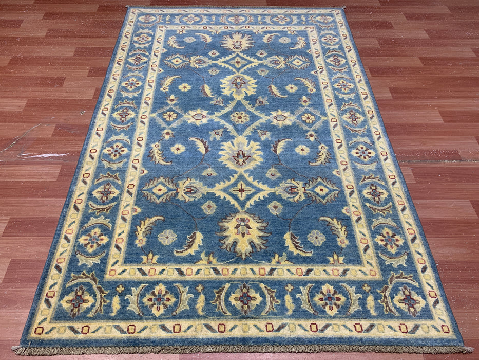 4'0" × 5'11" Hand-Knotted Ziegler Wool Rug – Teal Blue with Golden Floral Border