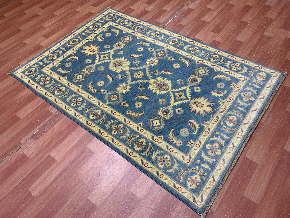 4'0" × 5'11" Hand-Knotted Ziegler Wool Rug – Teal Blue with Golden Floral Border