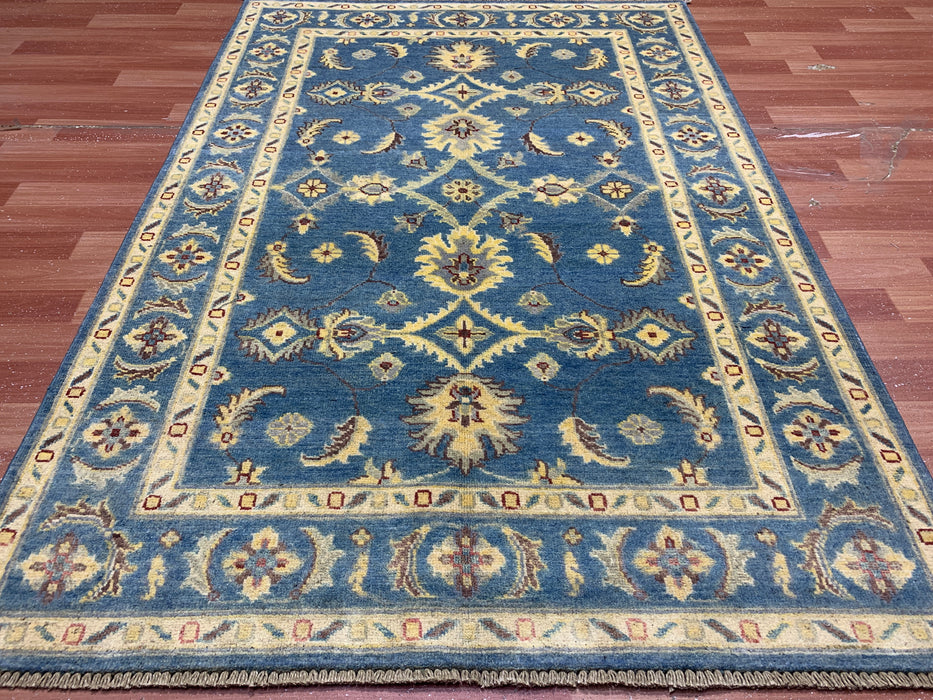 4'0" × 5'11" Hand-Knotted Ziegler Wool Rug – Teal Blue with Golden Floral Border