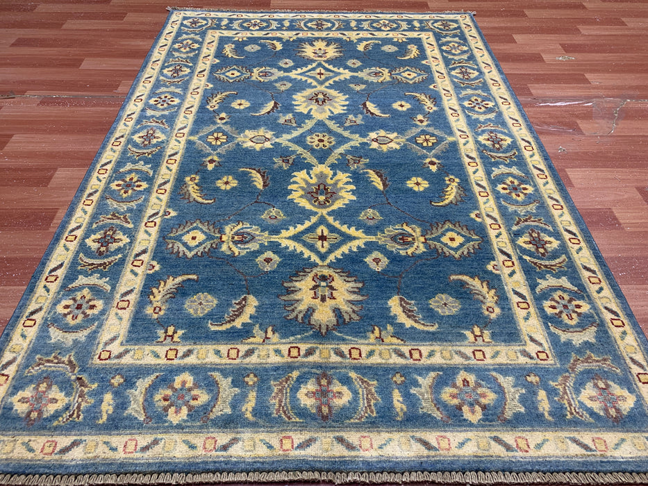 4'0" × 5'11" Hand-Knotted Ziegler Wool Rug – Teal Blue with Golden Floral Border