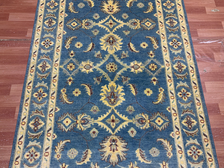 4'0" × 5'11" Hand-Knotted Ziegler Wool Rug – Teal Blue with Golden Floral Border