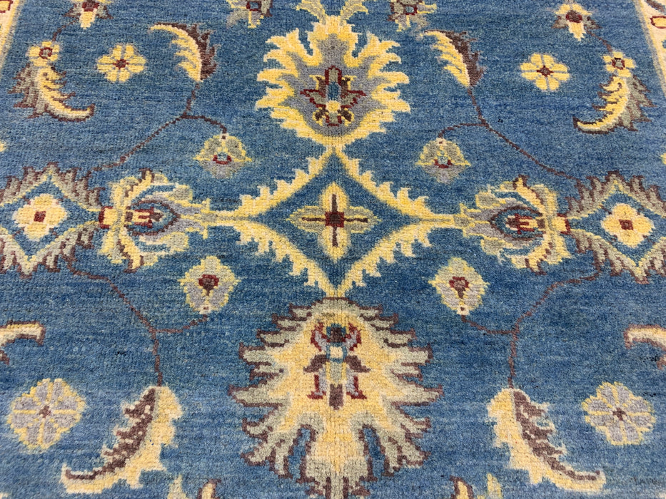 4'0" × 5'11" Hand-Knotted Ziegler Wool Rug – Teal Blue with Golden Floral Border