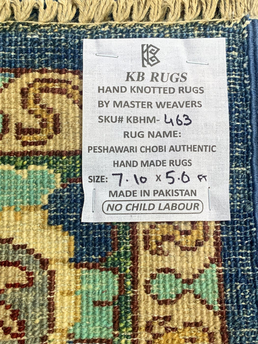 5'0" × 7'10" Hand-Knotted Tribal Wool Rug – Navy Blue with Green & Ivory Border