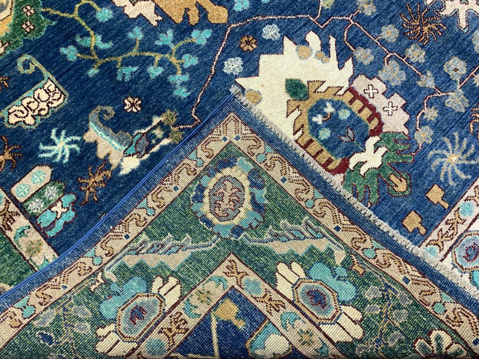 5'0" × 7'10" Hand-Knotted Tribal Wool Rug – Navy Blue with Green & Ivory Border