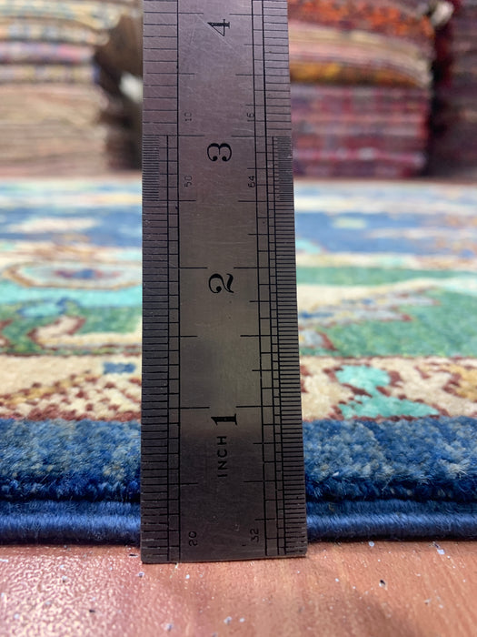 5'0" × 7'10" Hand-Knotted Tribal Wool Rug – Navy Blue with Green & Ivory Border