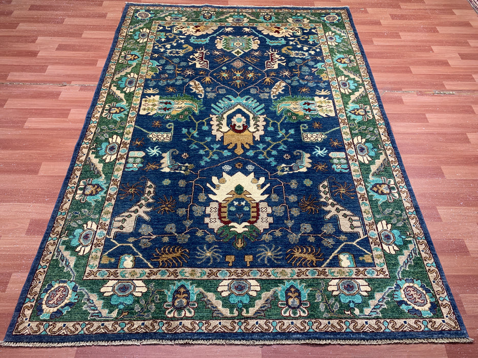 5'0" × 7'10" Hand-Knotted Tribal Wool Rug – Navy Blue with Green & Ivory Border