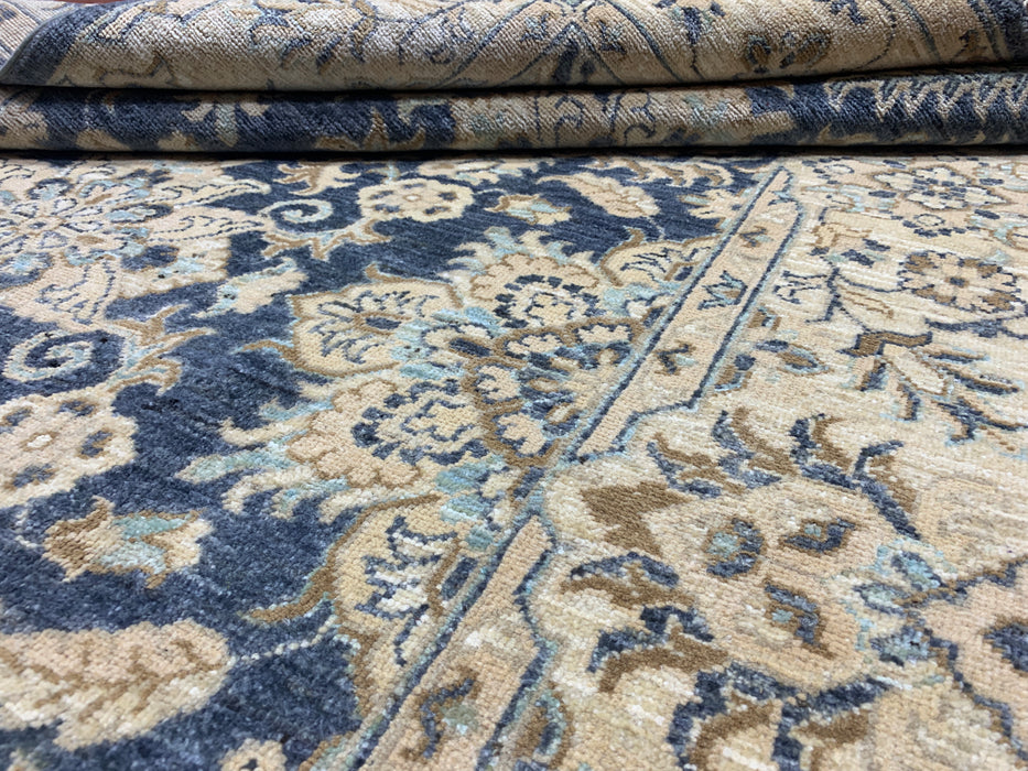 4'10" × 7'3" Hand-Knotted Wool Rug – Navy & Beige with Floral Medallion Design