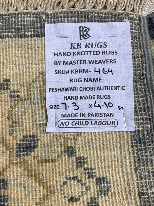 4'10" × 7'3" Hand-Knotted Wool Rug – Navy & Beige with Floral Medallion Design