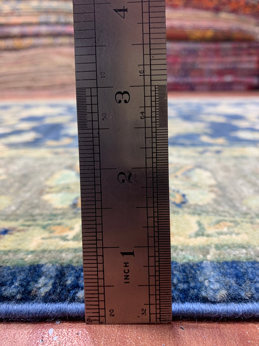 4'10" × 6'6" Hand-Knotted Wool Rug – Navy with Soft Beige & Sage Floral Border