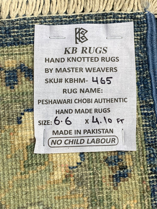 4'10" × 6'6" Hand-Knotted Wool Rug – Navy with Soft Beige & Sage Floral Border