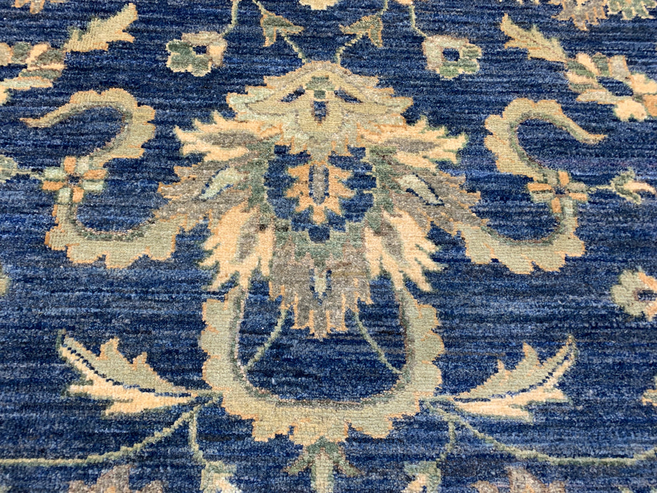 4'10" × 6'6" Hand-Knotted Wool Rug – Navy with Soft Beige & Sage Floral Border