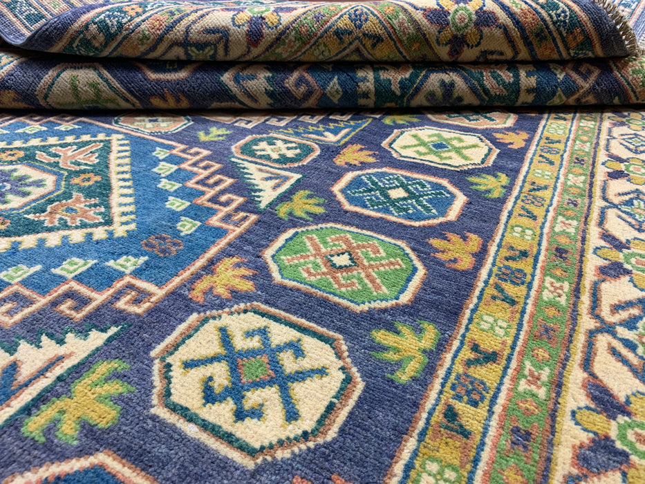 4'11" × 6'10" Hand-Knotted Wool Rug – Navy & Green Geometric Tribal Design