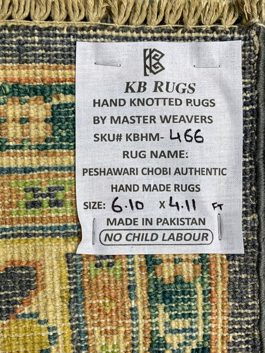 4'11" × 6'10" Hand-Knotted Wool Rug – Navy & Green Geometric Tribal Design