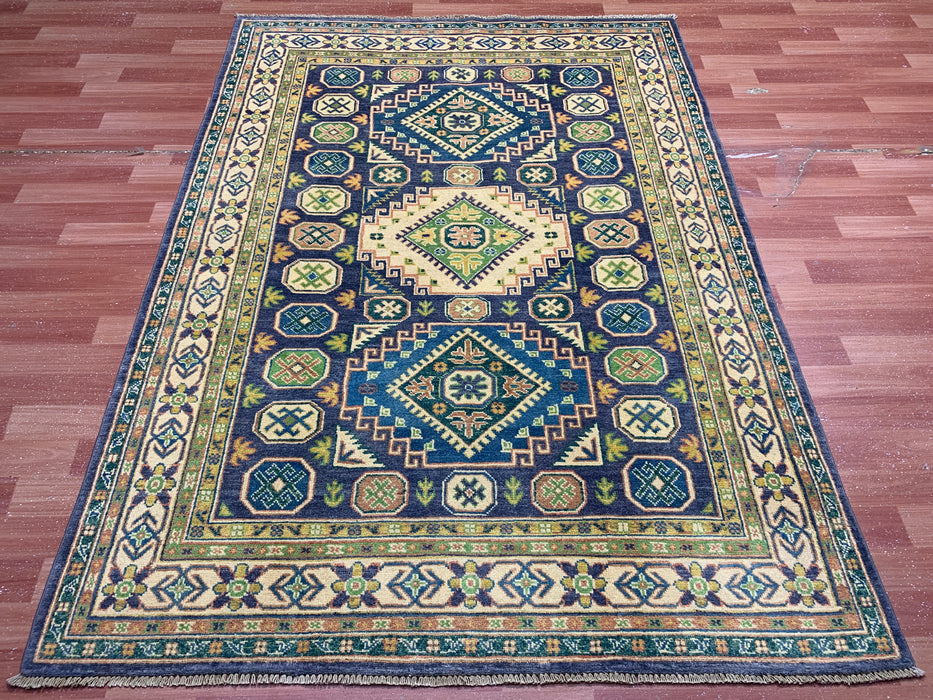 4'11" × 6'10" Hand-Knotted Wool Rug – Navy & Green Geometric Tribal Design