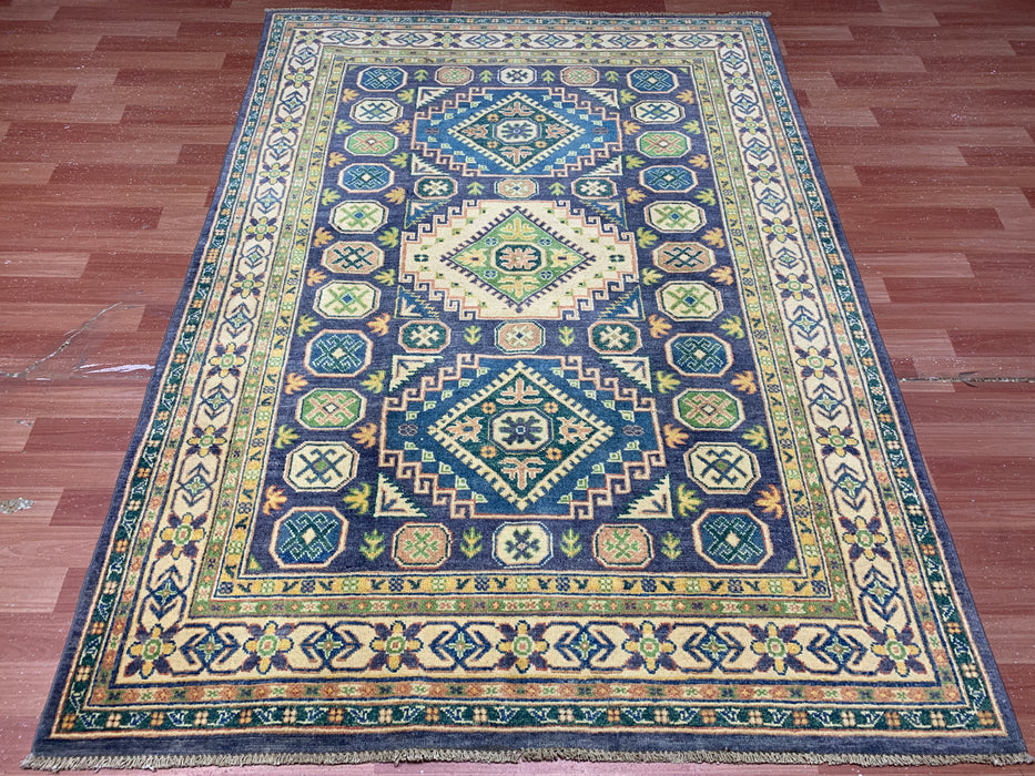 4'11" × 6'10" Hand-Knotted Wool Rug – Navy & Green Geometric Tribal Design