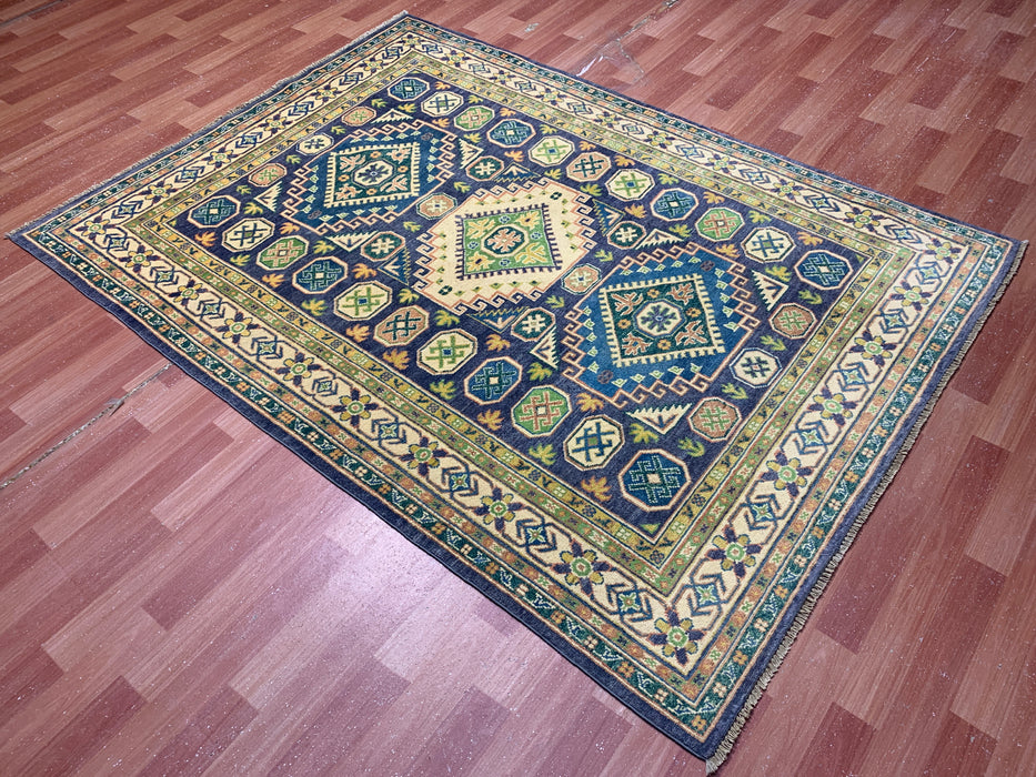 4'11" × 6'10" Hand-Knotted Wool Rug – Navy & Green Geometric Tribal Design