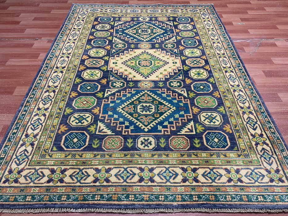 4'11" × 6'10" Hand-Knotted Wool Rug – Navy & Green Geometric Tribal Design