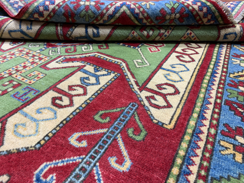 4'10" × 6'7" Hand-Knotted Kazak Wool Rug – Red, Green & Blue Geometric Tribal Design