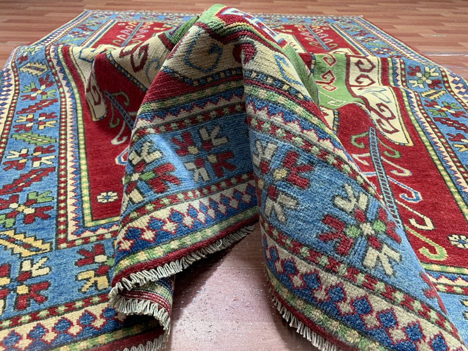 4'10" × 6'7" Hand-Knotted Kazak Wool Rug – Red, Green & Blue Geometric Tribal Design