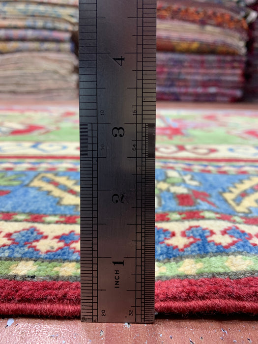 4'10" × 6'7" Hand-Knotted Kazak Wool Rug – Red, Green & Blue Geometric Tribal Design