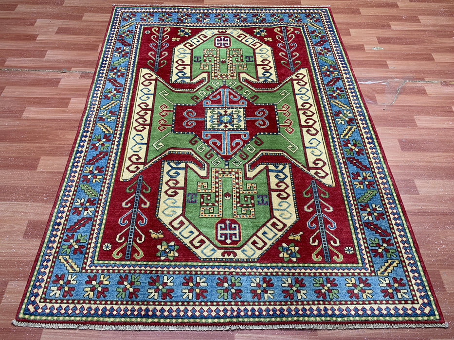 4'10" × 6'7" Hand-Knotted Kazak Wool Rug – Red, Green & Blue Geometric Tribal Design