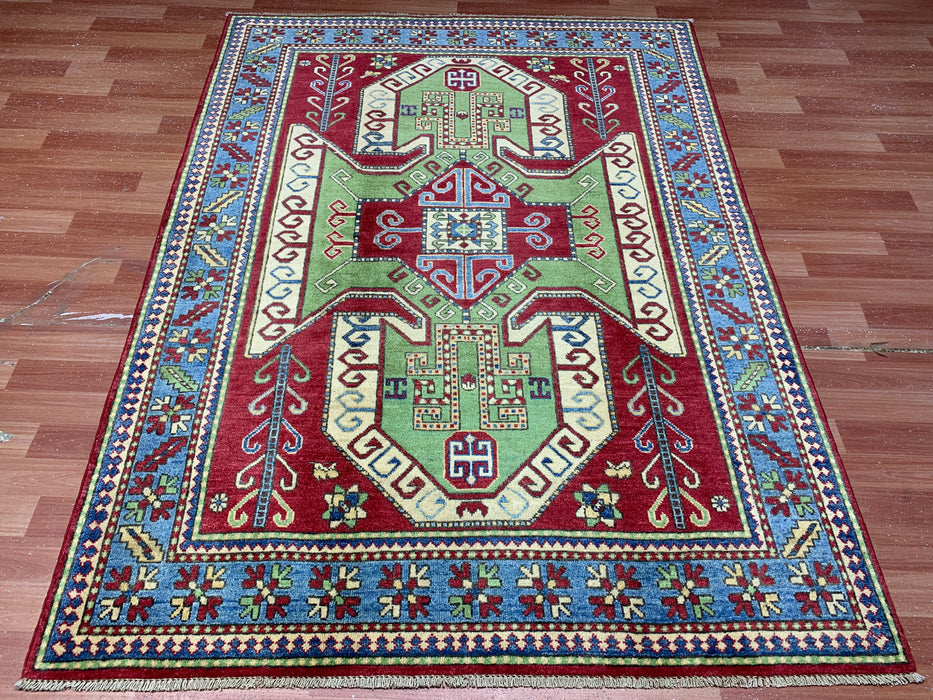 4'10" × 6'7" Hand-Knotted Kazak Wool Rug – Red, Green & Blue Geometric Tribal Design
