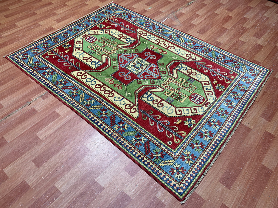 4'10" × 6'7" Hand-Knotted Kazak Wool Rug – Red, Green & Blue Geometric Tribal Design