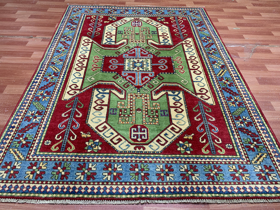 4'10" × 6'7" Hand-Knotted Kazak Wool Rug – Red, Green & Blue Geometric Tribal Design