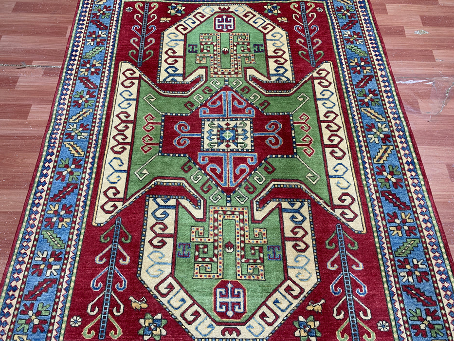 4'10" × 6'7" Hand-Knotted Kazak Wool Rug – Red, Green & Blue Geometric Tribal Design