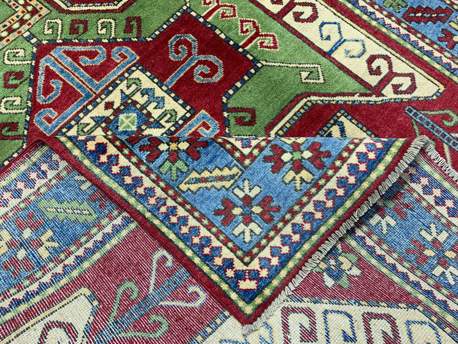 4'10" × 6'7" Hand-Knotted Kazak Wool Rug – Red, Green & Blue Geometric Tribal Design